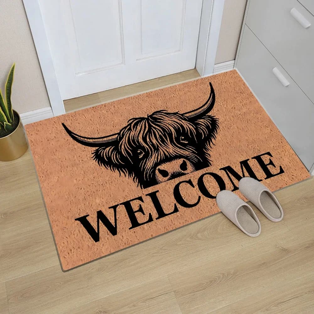 VIKAMA Highland Cow Welcome Doormat Tappeto per interni/esterni in stile rustico, tappetino antiscivolo per cucina e camera da letto, decorazione per la casa