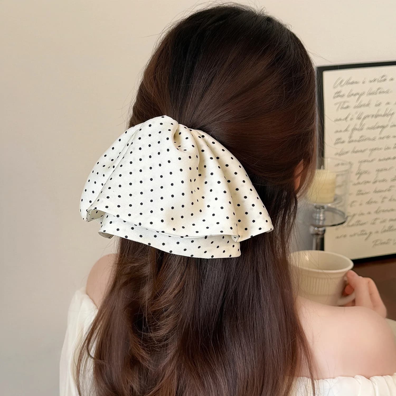Fermaglio per capelli a pinza a forma di squalo in raso a pois con volant, etichetta dorata, per donna, per coda di cavallo alta e chignon - Vendita calda