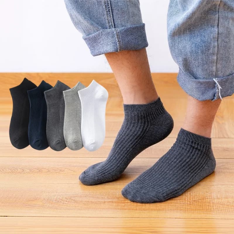 5 Pairs Men's Breathable Double Needle Ribbed No Show Ankle Socks Solid Color Cotton Moisture Wicking Short Socks