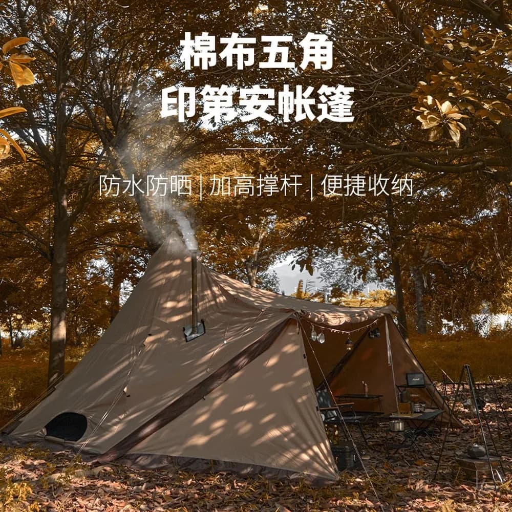 Outdoor Canvas Bell Tent 5-Pole Tipi for 4-6 Person, Waterproof, Windproof, Sun Protection, Breathable
