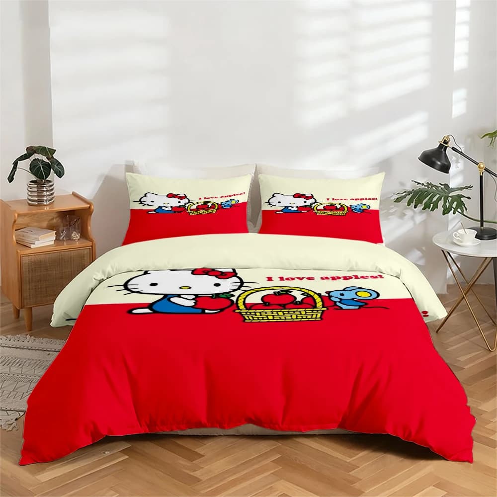 Bed linen set with high definition digital print in 3 pieces, baby cover set with pattern Hello Kitty and apple, baby cover set with large floral pattern, includes 1 headdress + 2 pillowcase, suitable for bedroom, guest room, home decoration, duvet cover + polyester fiber pillowcase, ultra soft bed linen, thick fabric, suitable for all seasons, washing machine
