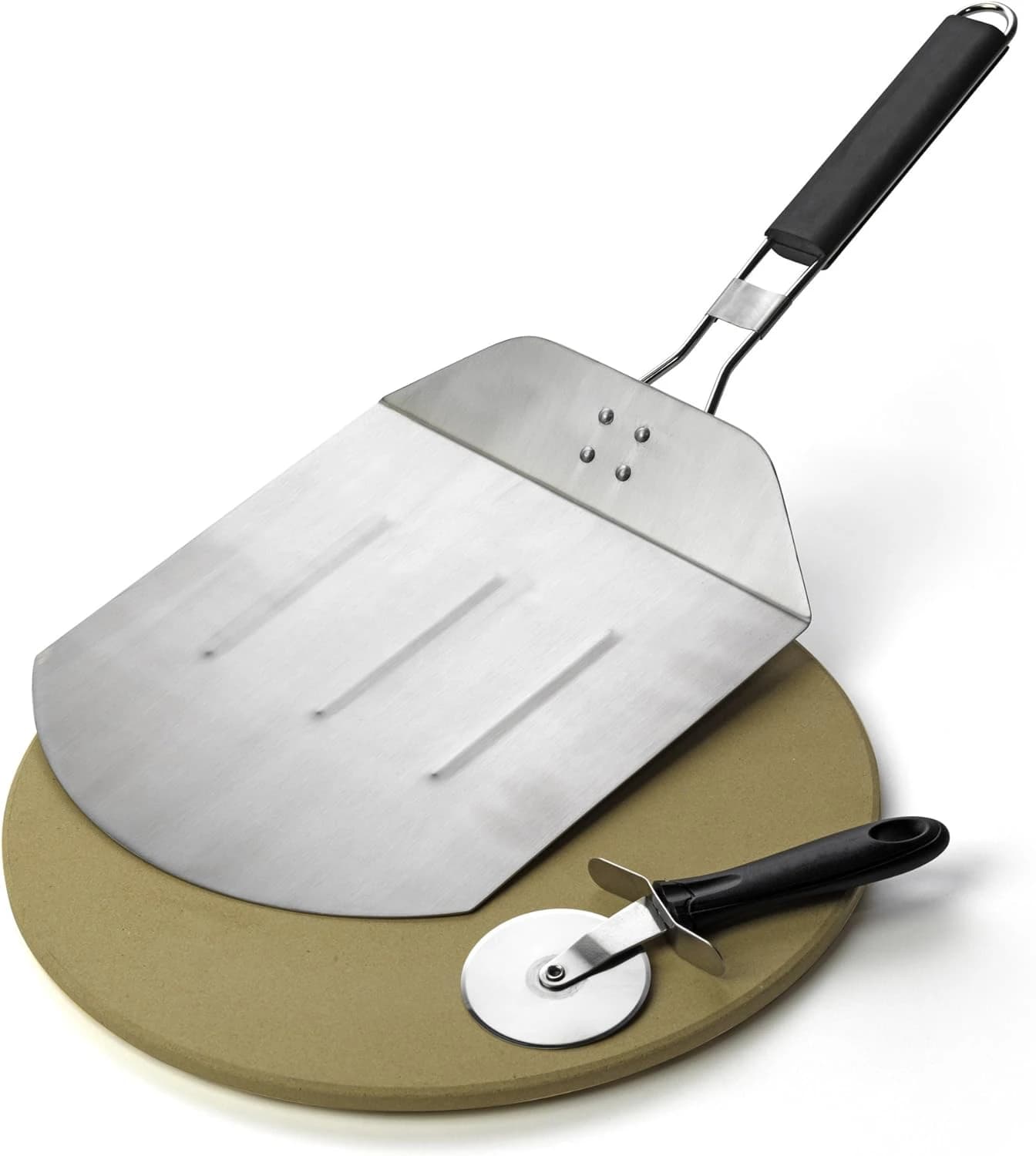 Set di griglie per pizza con buccia per pizza, spatola larga in metallo in acciaio inossidabile con manico pieghevole, accessori per forno per pizza all'aperto, barbecue