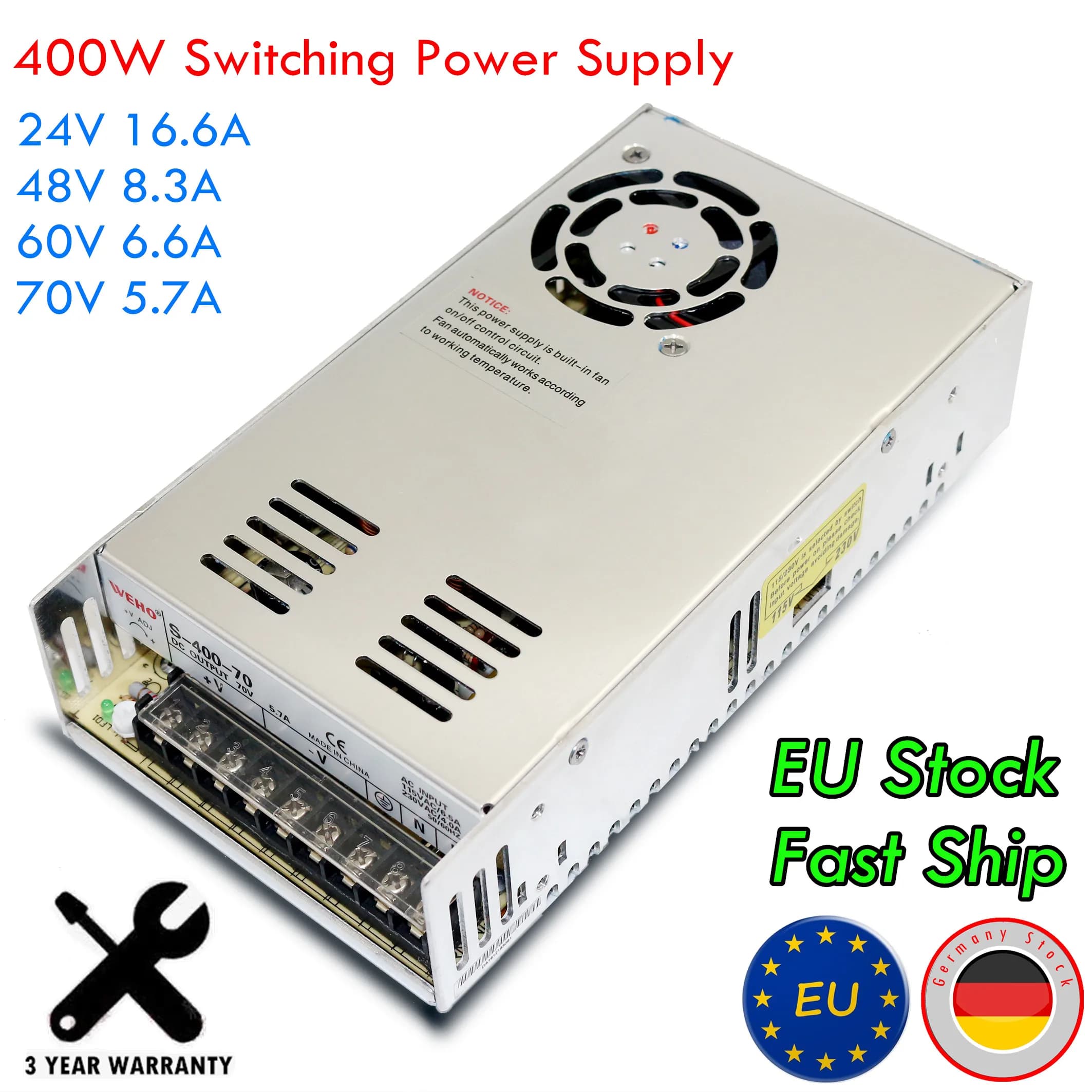 『Stock UE』400W 24V 36V 48V 60V 70V Alimentatore CC a commutazione Uscita singola per router CNC Schiuma Fresatura Taglio Incisore laser