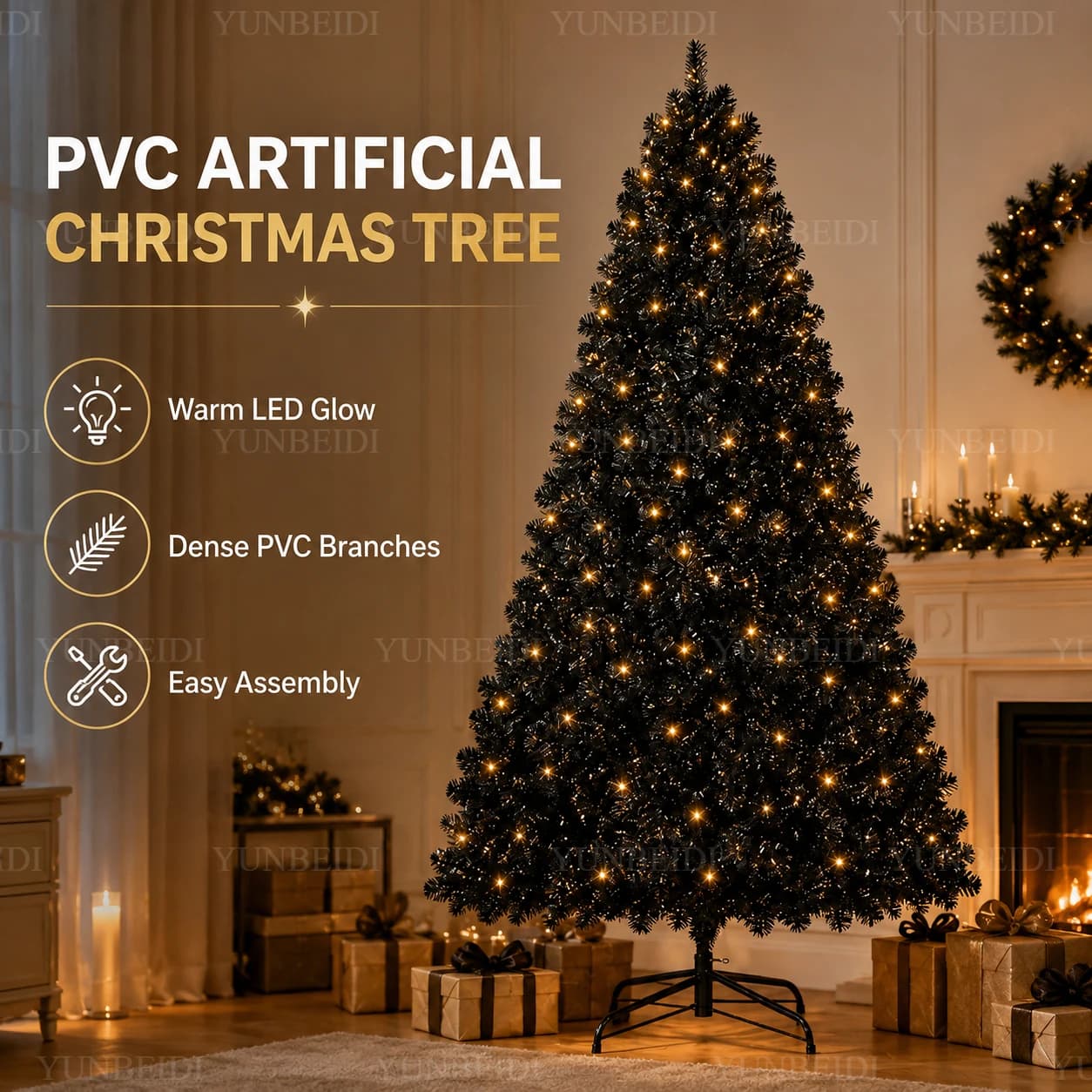 Black Artificial Christmas Tree PVC Encrypted Material with LED Lights 120CM To 210CM Large Family Christmas Decoration