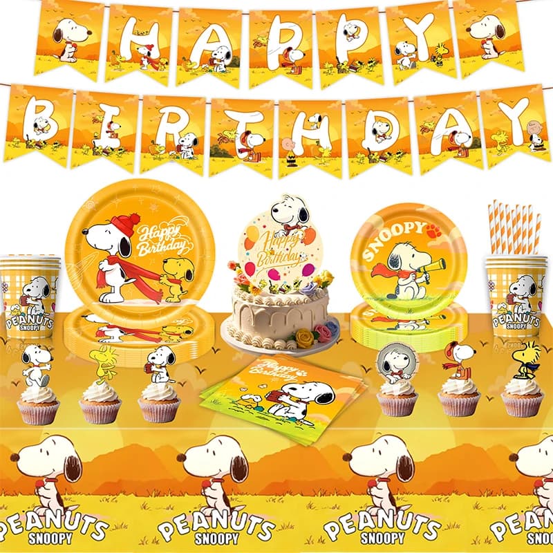 Cartoon Dog Snoopyed Plate Cup Kit Happy Birthday Party Decoration Baby Shower Favor Pet Theme Disposable Tableware Cake Topper