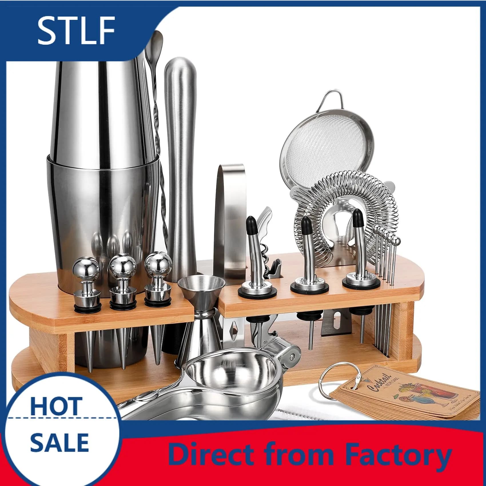 stllFactory Top Seller 24-Piece Stainless Steel Mirror Polished Eco-Friendly Cocktail Shaker Bartender Kit Stand Shak