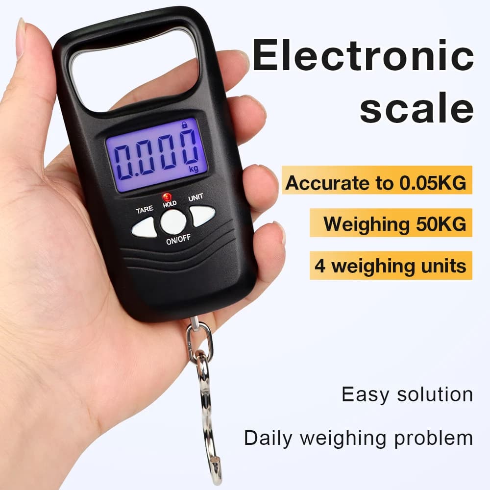 Bilancia per bagagli tascabile digitale sospesa da 50 kg Peso del gancio Mini bilancia sospesa LCD portatile ABS appesa per pesatura dell'amo da pesca