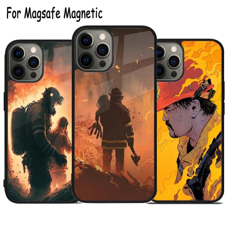 Cover Magnetica Wireless Firefighter Fire Love per iPhone 17 Air 15 16 16e 14 13 11 12 Pro Max Plus con Ricarica Magsafe