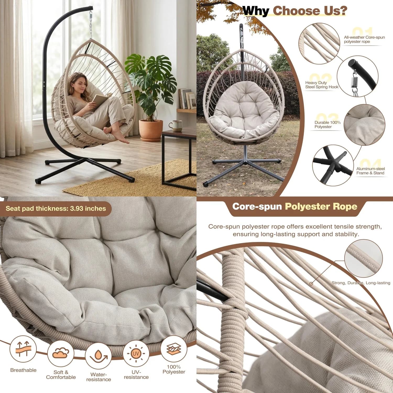 Sedia sospesa pieghevole a forma di uovo con supporto, corda e cuscino resistenti alle intemperie per patio e giardino, 350 libbre, personalizzabile