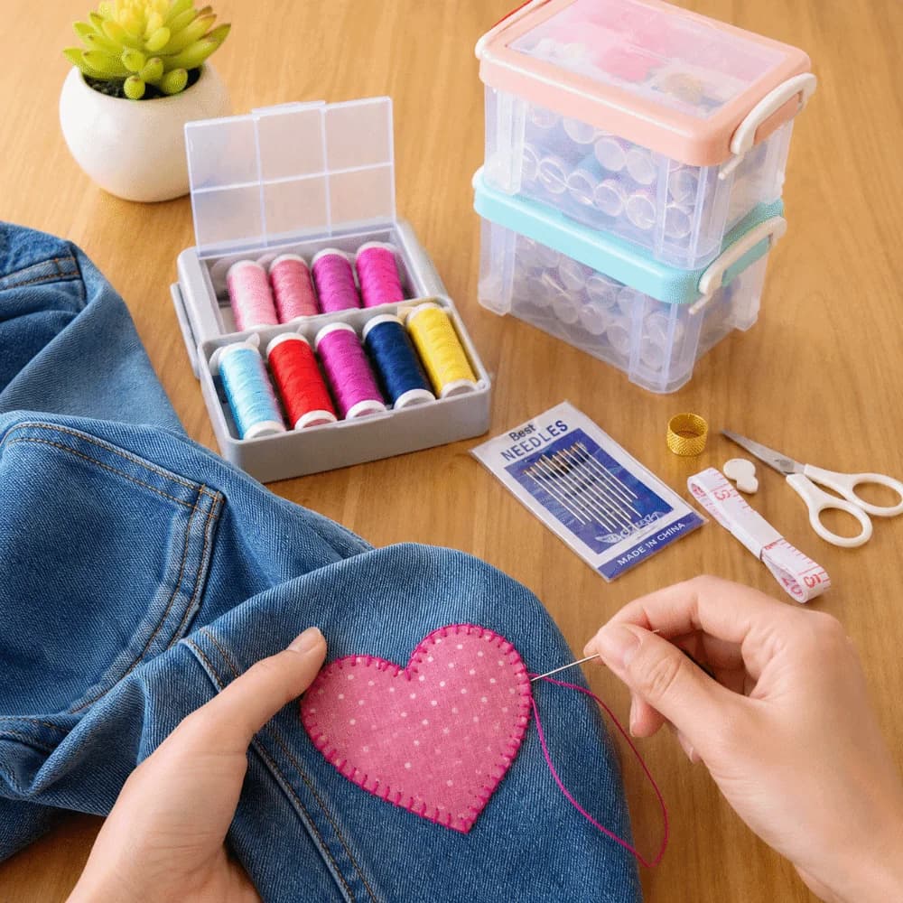 18pcs Space Saving DIY Sewing Tool Kit Portable Three-Layer Sewing Kit Box Large Capacity Needlework Box Home Sewing