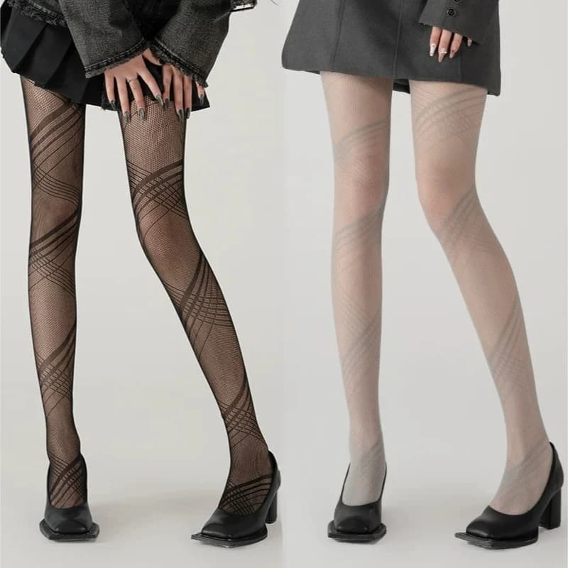 New Design Cross-Striped Fishing Net Socks for Women Sexy Black Grey Hollowed See-through Fishnet Pantyhose JK Thin Mesh Tights