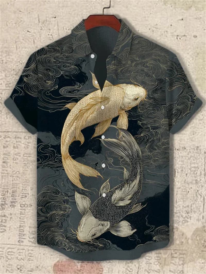 Men's Hawaiian Linen Shirt with 3D Print Carp Short Sleeved Shirt in Chinese Summer Style