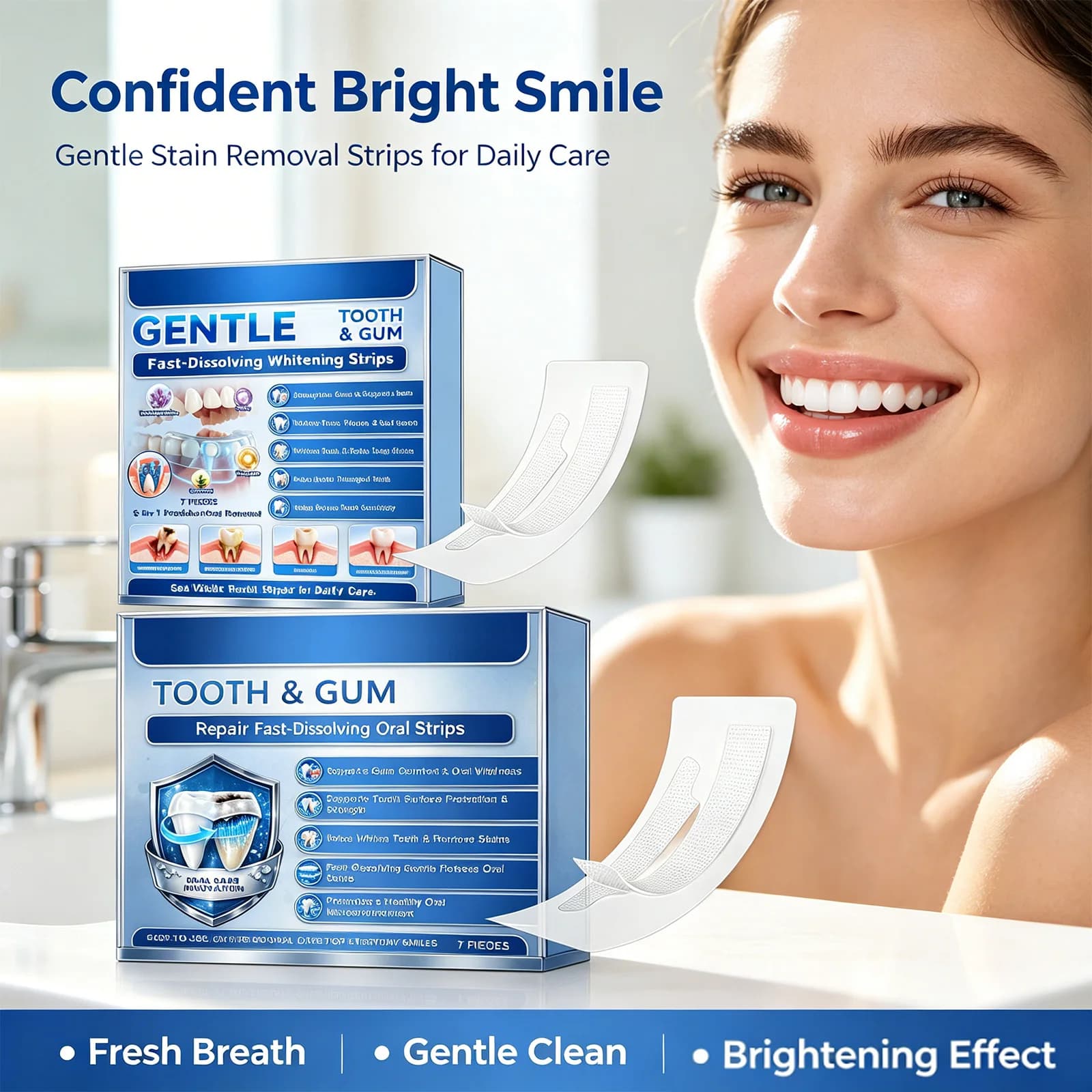 Gentle Tooth & Gum Whitening Strips Stain Remover Teeth Whitening Repair Fresh Breath Oral Care 7 Pieces Fast Dissolving