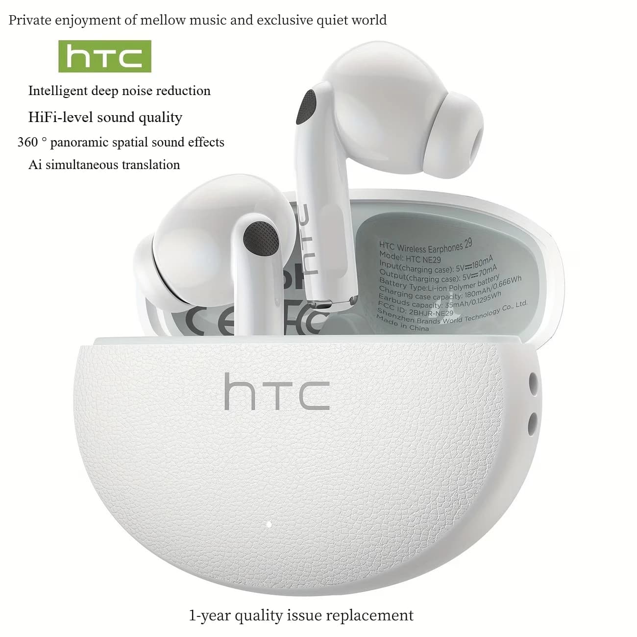 Auricolari HTC NE29 AI con traduzione simultanea, Bluetooth V6.0, riduzione del rumore, TWS, sportivi, wireless, con microfono e batteria a lunga durata