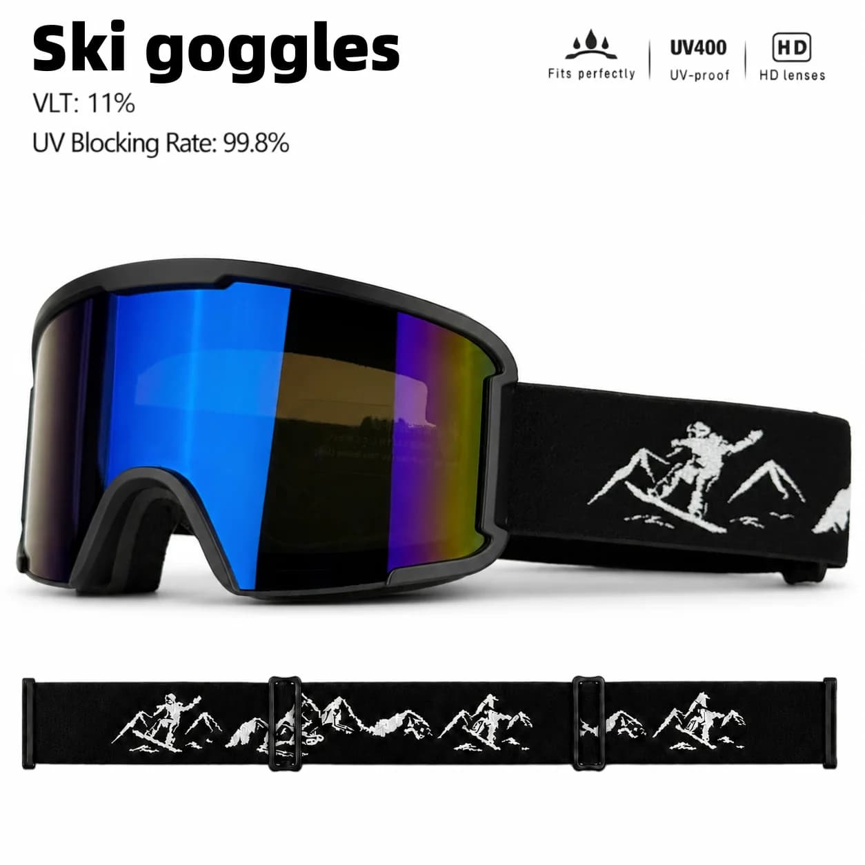 Double-layer Anti-fog Ski Goggles, Strap With Mountain Ski Embroidery Pattern, Windproof Snowproof Snowboard Glasses