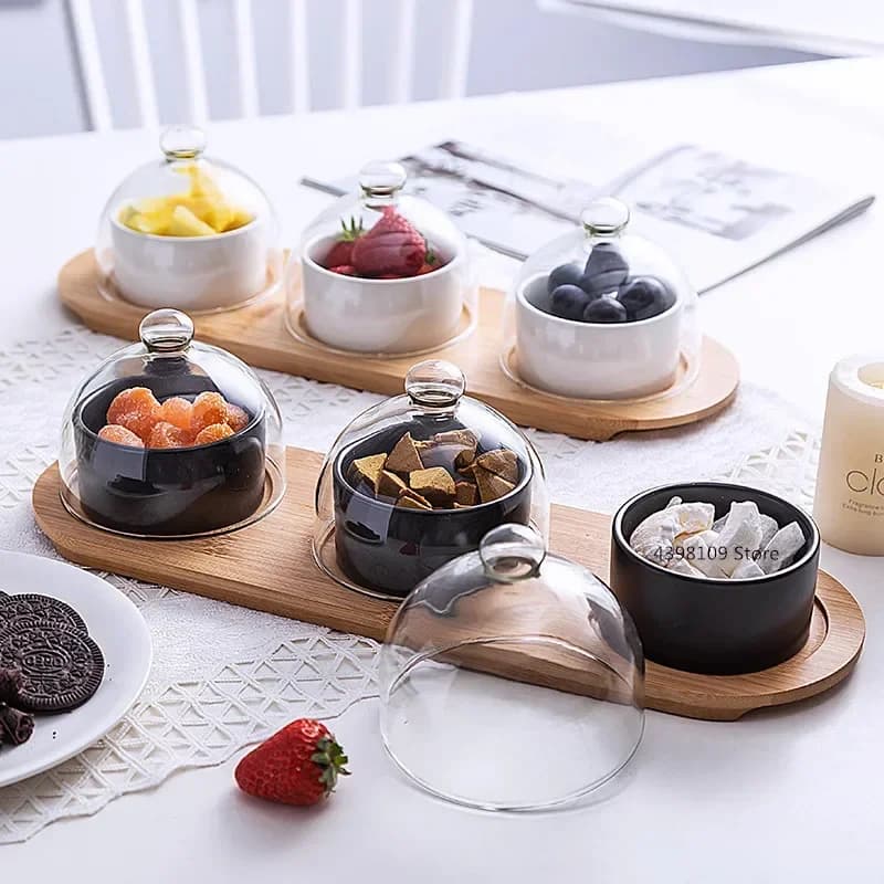 Stoviglie giapponesi ciotola da Dessert in ceramica nera piatto da frutta coperchio in vetro creativo piatto da spuntino per uso domestico piatto da torta di frutta secca