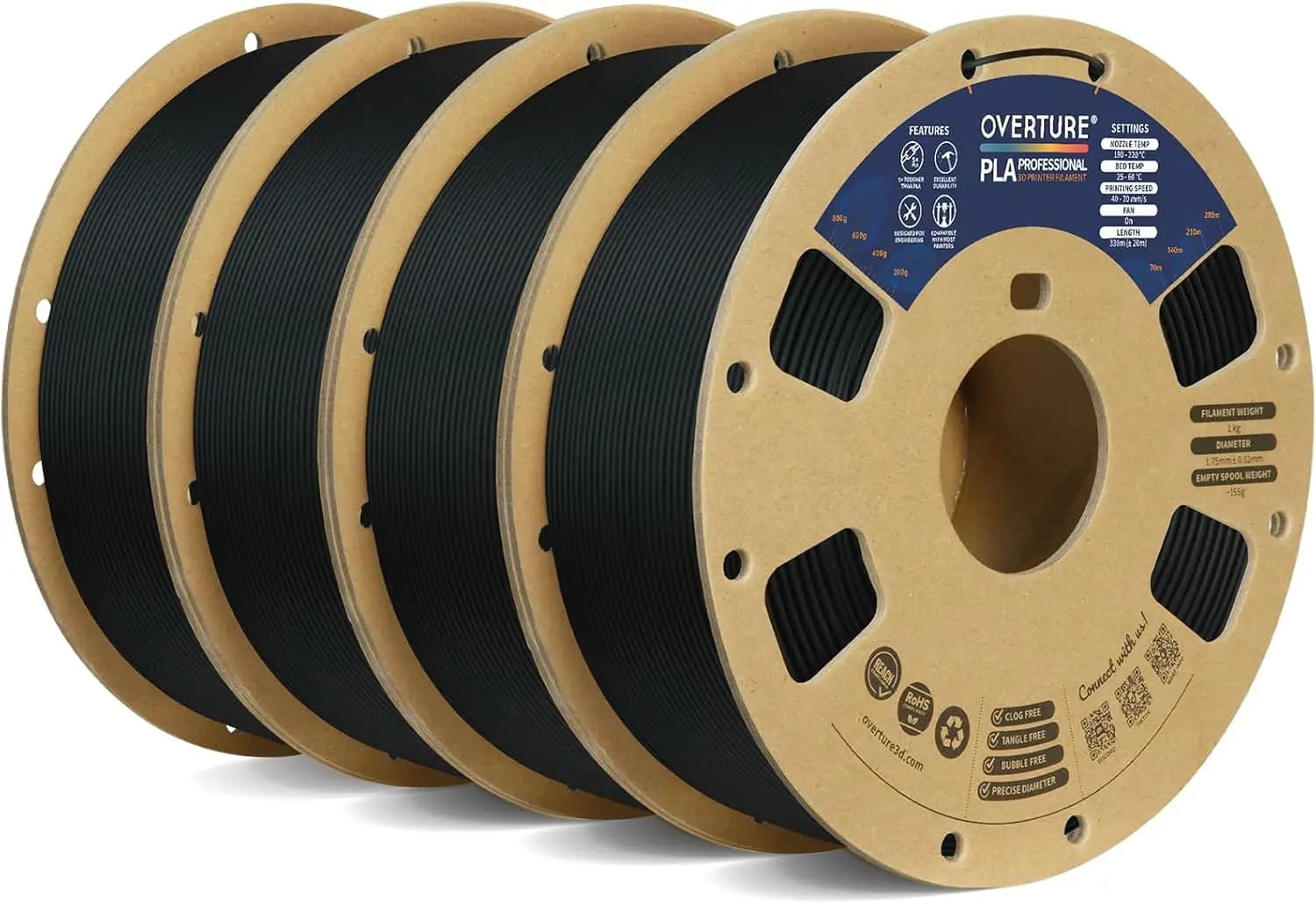 Filamento PLA Plus 4KG 1.75mm, Robusto e Durevole per Stampante 3D, Confezione da 4, Nero, Alta Precisione +/-0.02mm