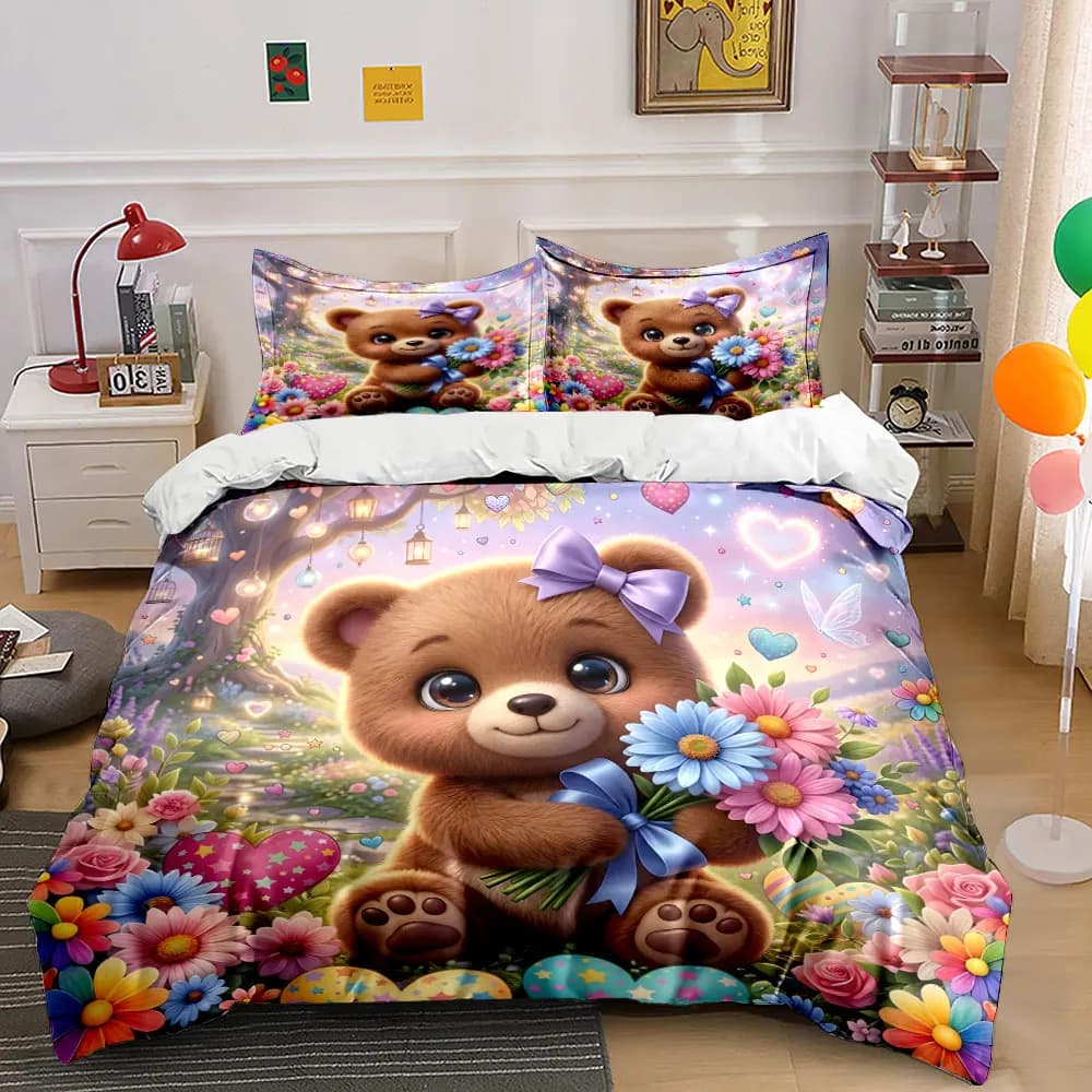 Set di biancheria da letto con stampa Dreamy Bear con motivo floreale Wonderland, 1 copripiumino, 2 federe per adulti e bambini, regalo di lusso, misura completa