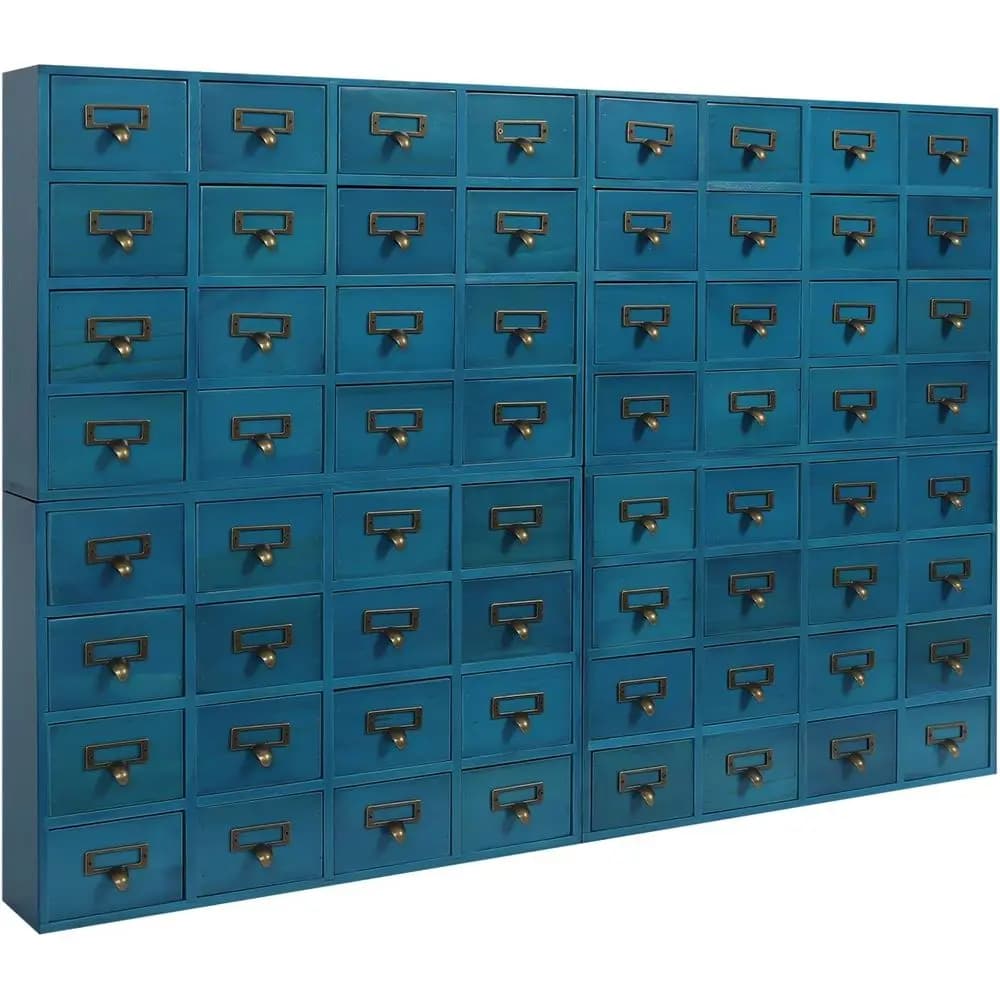 4-Piece Pine Wood Storage Cabinet Set with Label Holders, Vintage Style for Tabletop, Craft, Office, Bedroom, Pharmacy (Blue)