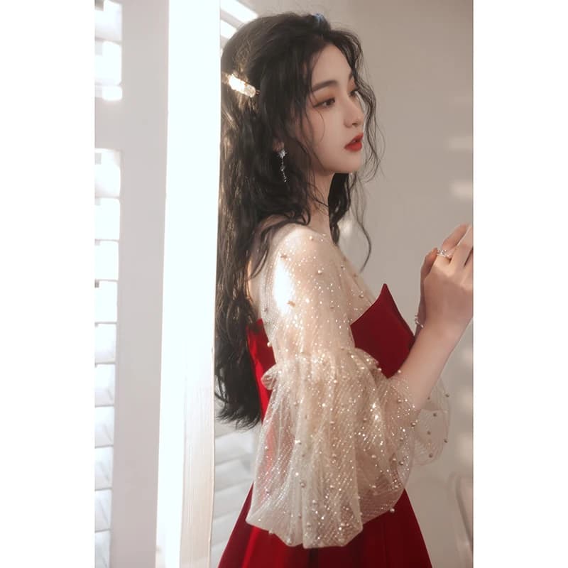 Bride's Fro Dr Engagement Return Home Ceremony Wedding Celebration Women's Faion Sweet Sle Midi Skirt Pearl Embellied