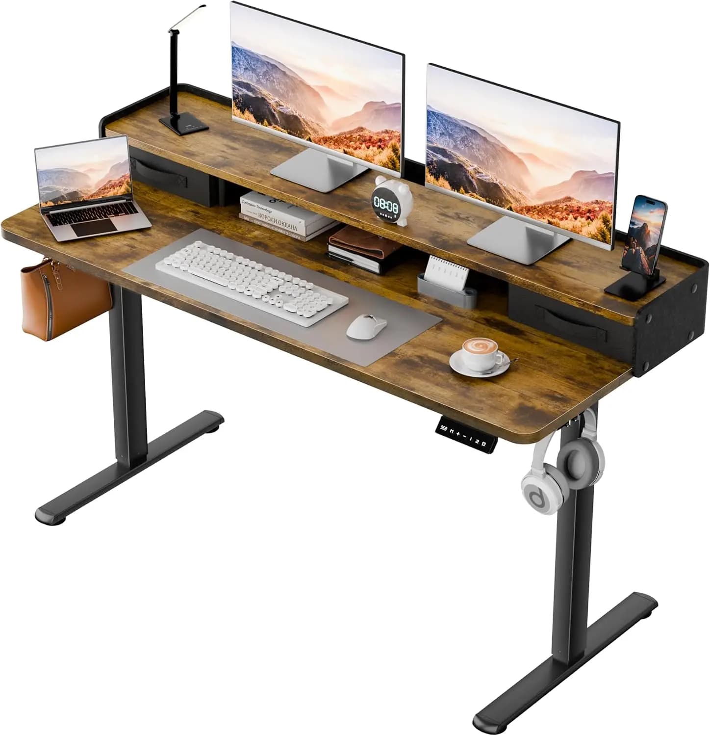 Scrivania Elettrica Regolabile in Altezza con 2 Cassetti, Scrivania per Computer con Ripiano per Monitor, 48 Pollici Marrone Rustico per Ufficio Domestico