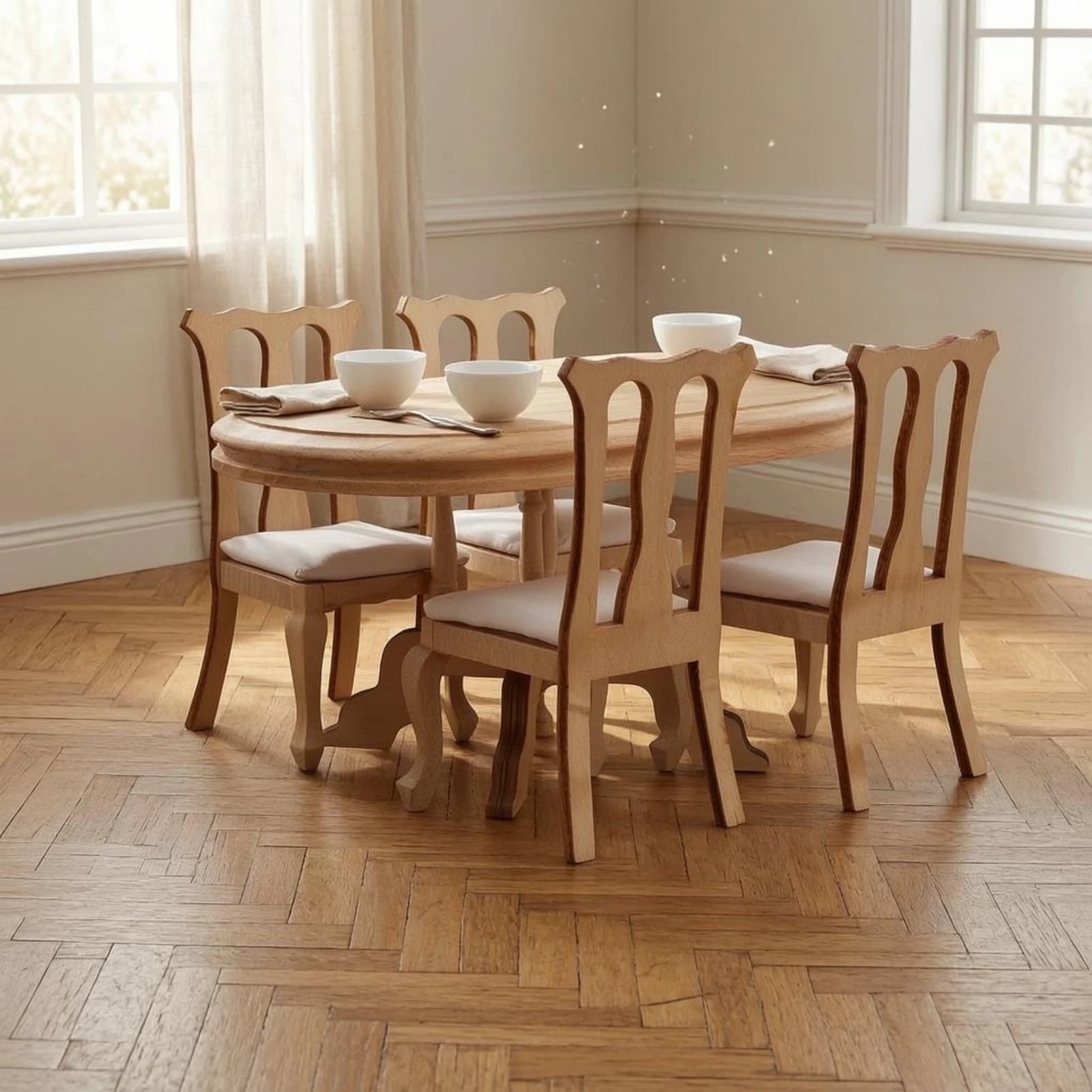 5 Pieces Dollhouse Dining Table and Chairs Textile Cushions 1:12 Scale Table and Chairs Dollhouse Dining Set Wooden