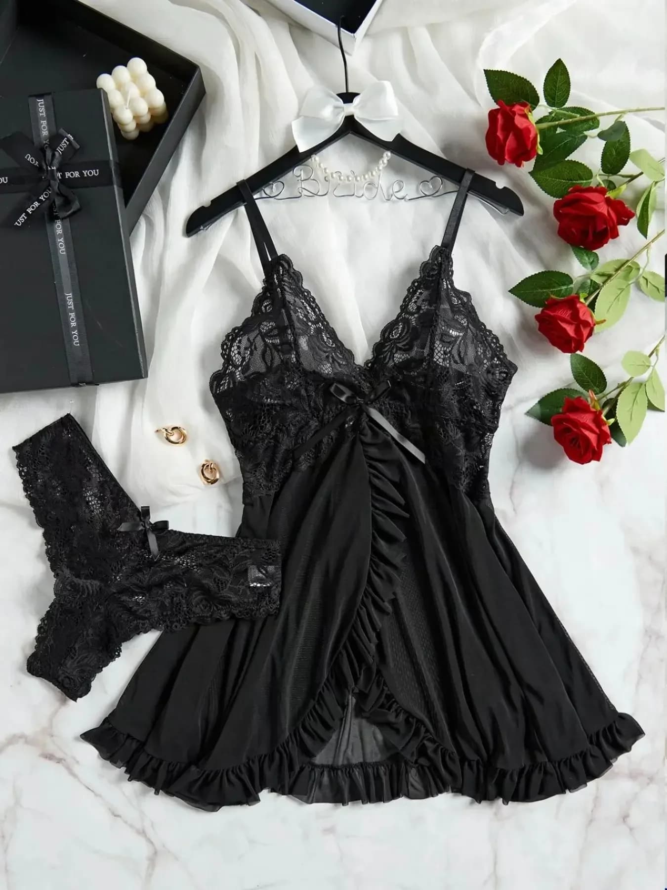 Women's Lace Mesh Sexy Underwear Set, Deep V Push-Up Bra with Pads, Role Play Sleep Dress, Valentine's Day Party Nightwear