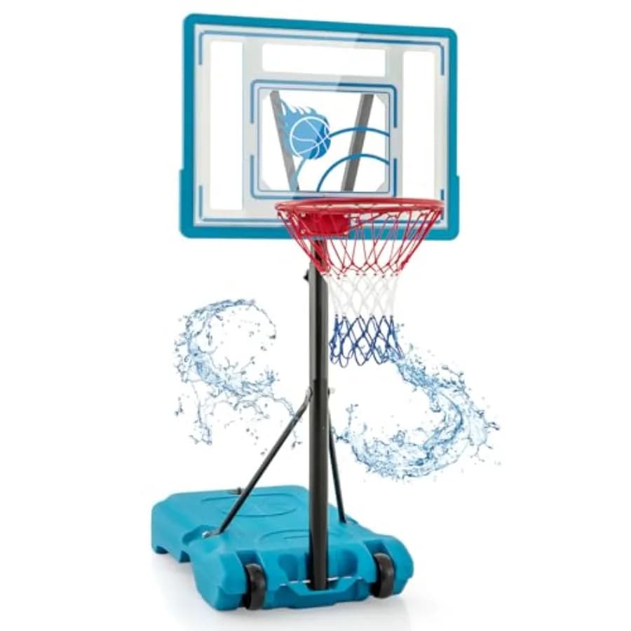 Canestro da basket per piscina per giovani e adulti, altezza regolabile da 45-53 pollici, supporto portatile con base riempibile e ruote integrate.