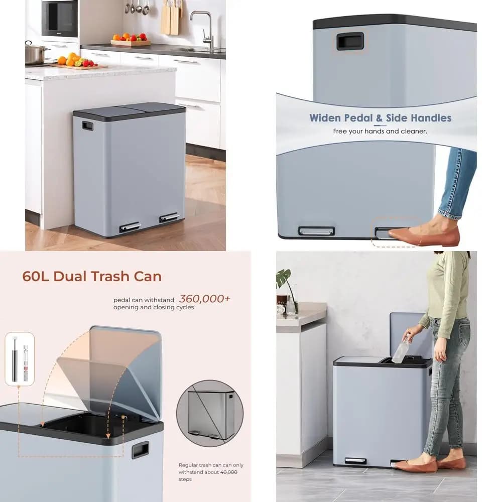 Cestino per Rifiuti da Cucina in Acciaio Inox da 60L con Scomparti Separati per Riciclaggio e Sacchi in Plastica, Coperchio a Chiusura Morbida, Ermetico (Blu Nebbia)