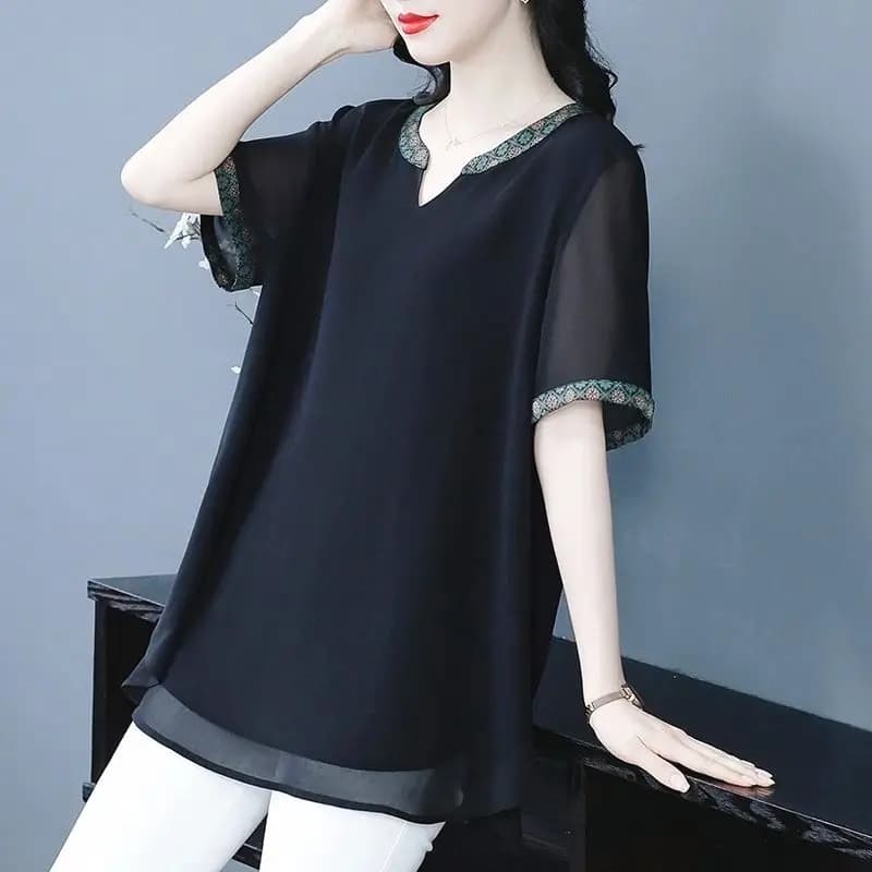Women's V-Neck Short Sleeve Shirt 2026 Summer New plus Size Ethnic Style Chiffon Top Belly Concealing Slimming Upperwear