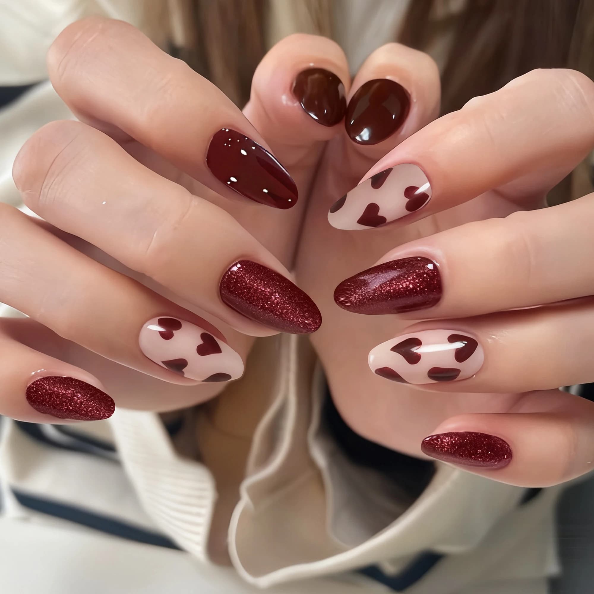24 unghie a forma di mandorla, semplici unghie finte rosse alla moda con elegante design a cuore, adatte per le donne per appuntamenti e uso quotidiano, regalo per la festa della mamma, set di unghie finte rimovibili con adesivo in gelatina e lima.