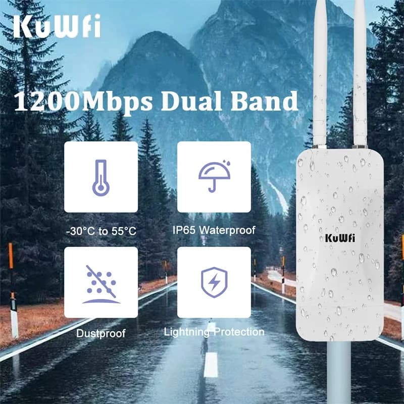 KuWFi 1200Mbps Outdoor Access Point Wireless WiFi Extender Dual Band 2.4G/5GHz AC1200 AP Router with High Gain External Antenna