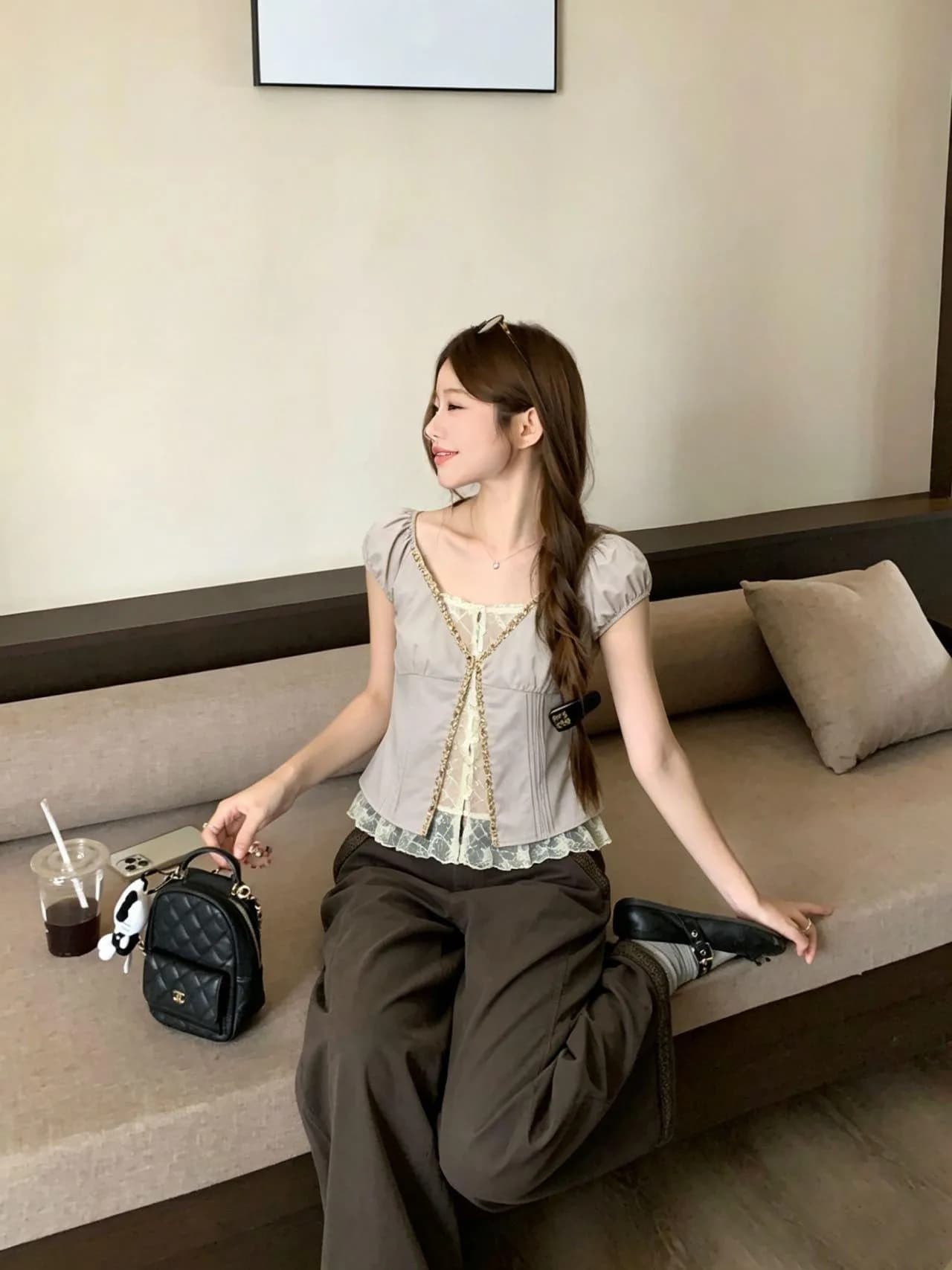 Kumikumi Design Top in Chiffon a Maniche Corte da Donna, Stile Elegante e alla Moda, Effetto Due Pezzi, Versatile e Snellente, per l'Estate