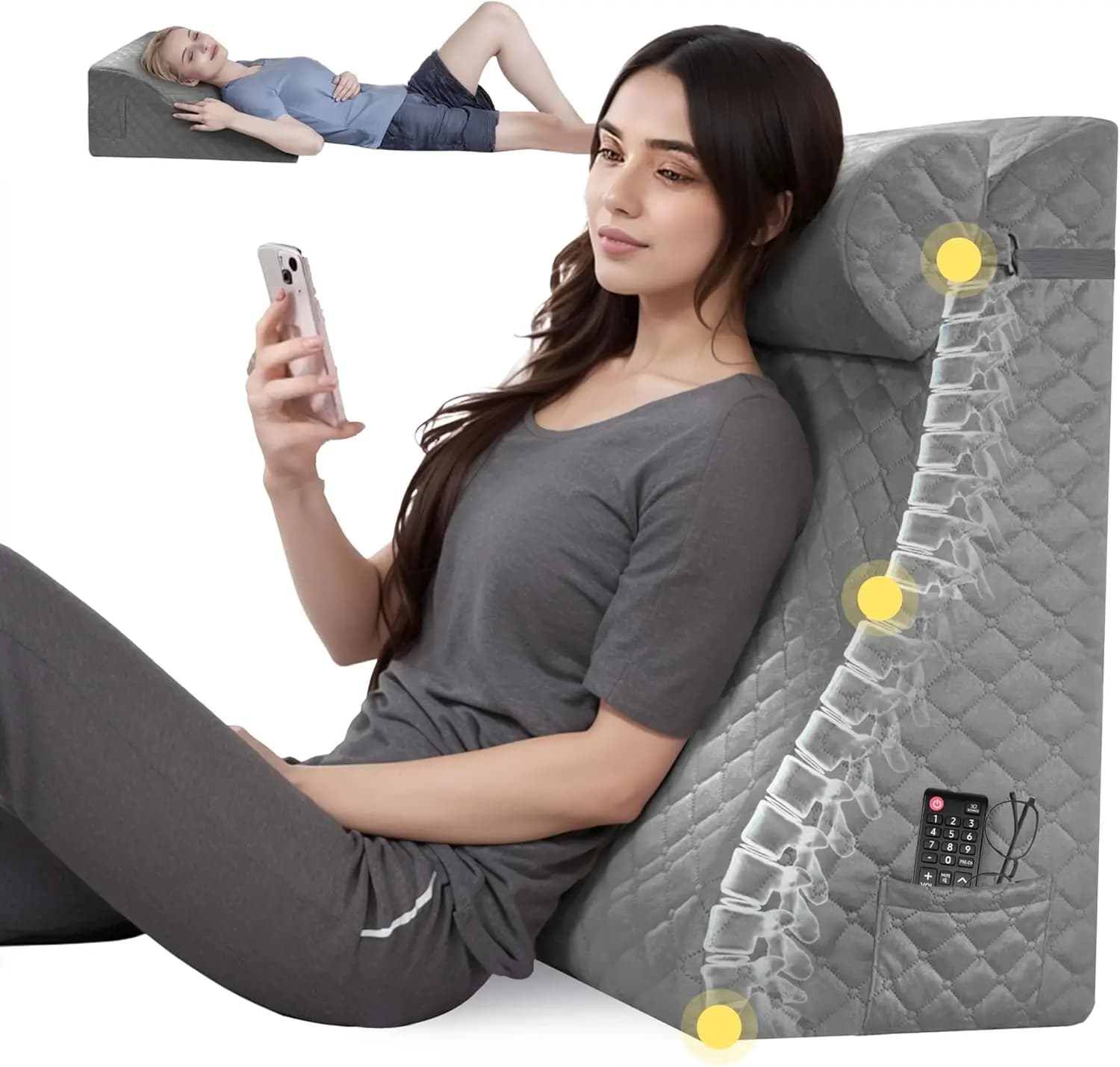 Cuscino regolabile per supporto lombare per letto, lettura e sollievo dal dolore lombare, grigio 20x12x26 pollici