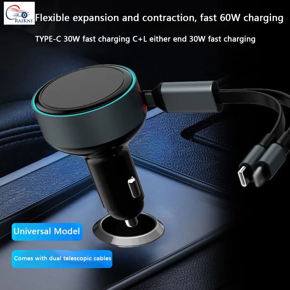 Nuovo Caricabatterie per Auto alla Moda con Presa Accendisigari 60W, Ricarica Rapida PD30W con Cavo Telescopico