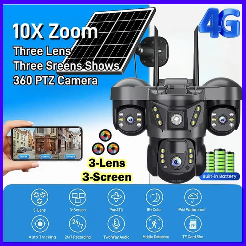 Telecamera solare esterna da 15MP 4G Tre lenti Tre schermi PIR Motion Detection Cam Visione notturna impermeabile Smart Security PTZ CCTV