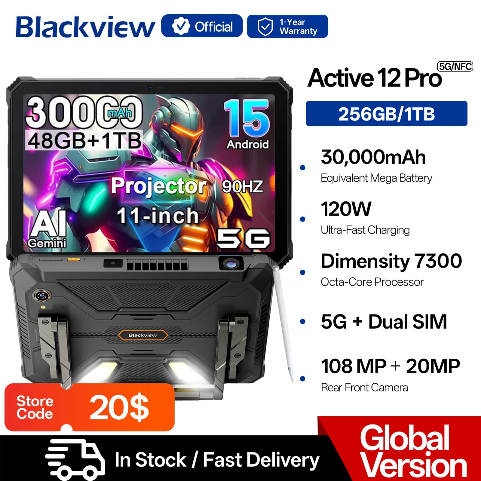 Anteprima mondiale Blackview Active 12 Pro Robusto Proiettore Tablet 11 '' Pad Android 15 16GB 1TB 30000mAh Dimensity 7300 Tablet Telefono
