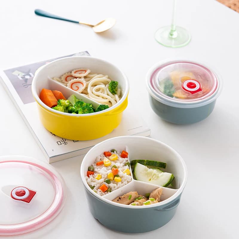 Contenitore per Pranzo in Ceramica Resistente al Calore, Adatto al Microonde, con Scomparti e Coperchio, per Mantenere la Freschezza, Uso per Adulti