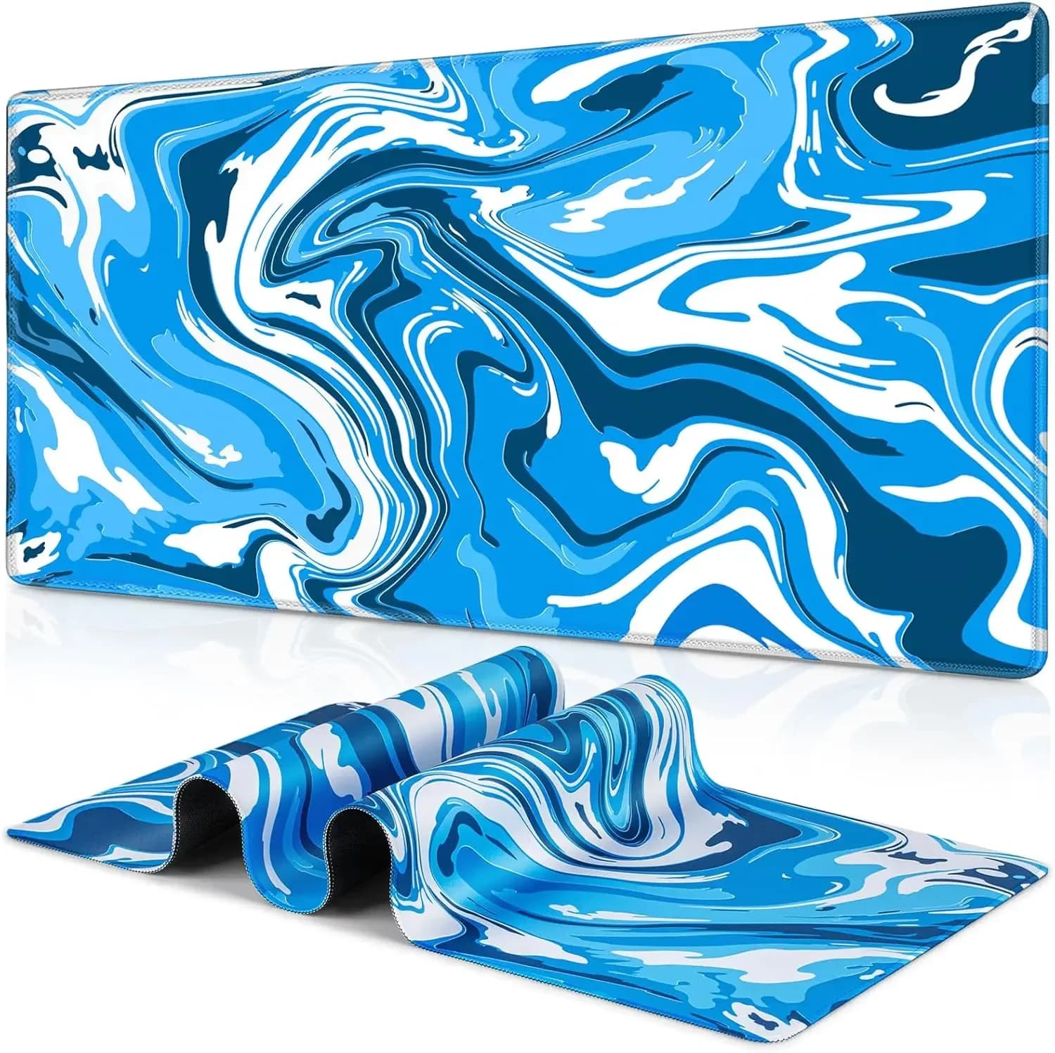 Tappetino da Scrivania in Marmo Blu e Bianco con Effetto Fluido, Grande Tappetino per Mouse da Gaming con Texture Astratta a Spirale per Giocatori, Casa, Ufficio e Postazione Computer