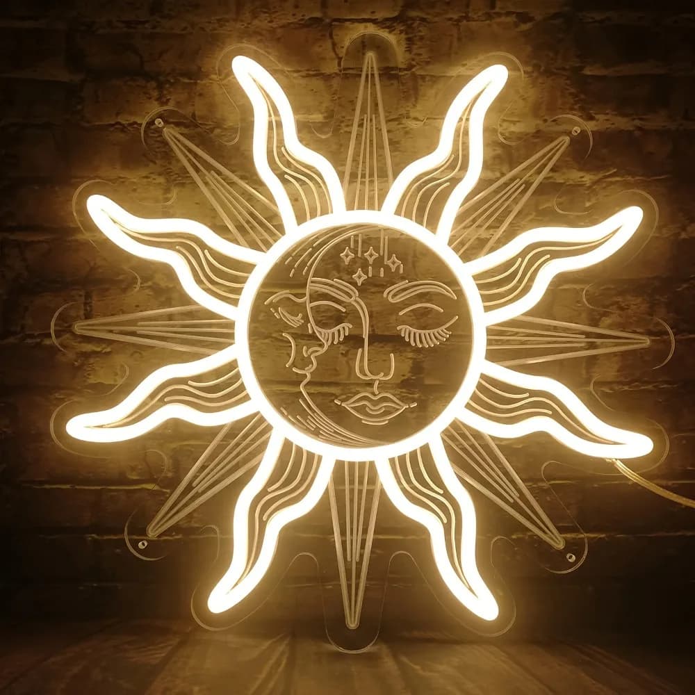 Insegne al Neon Bohemien con Sole, Luna e Stelle, Decorazione LED a Forma di Girasole per Camera da Letto, Soggiorno, Insegne al Neon Multiuso