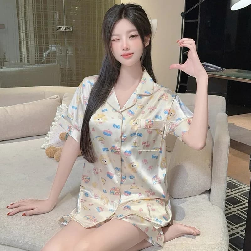 Summer Ice Silk Women's Pajama Home Clothes Set Blue Stripe Loose Comfortable Collar Short Sleeve Shorts Pajama Home Clothes Set