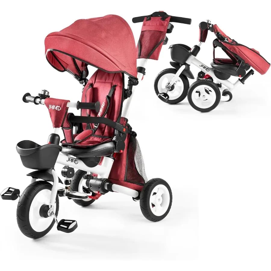 Passeggino triciclo 8 in 1 con maniglia a spinta, trike pieghevole con 360 ° Sedile girevole, schienale reclinabile, ruote per tutti i terreni, doppio Br