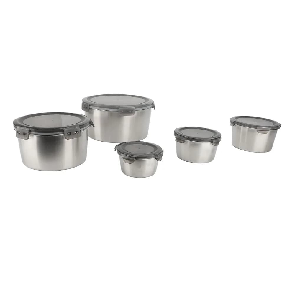 5pcs 304 Stainless Steel Meal Prep Containers 300ml/600ml/1000ml/1700ml/2400ml Round Shape Food Storage Containers