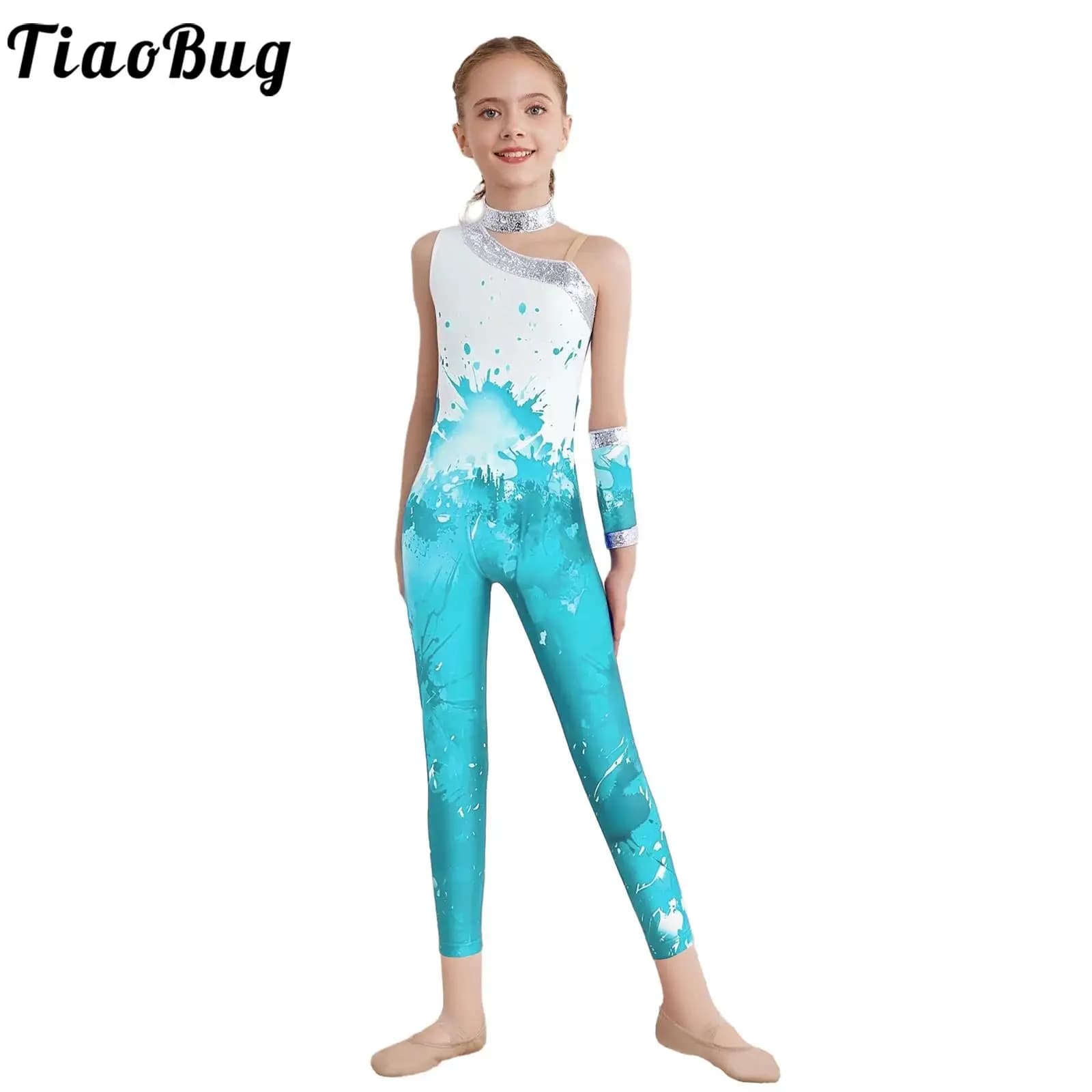 Body per bambina con paillettes lucide, pattinaggio di figura, ginnastica, costume da performance, senza maniche, stampato, danza classica, acrobazia