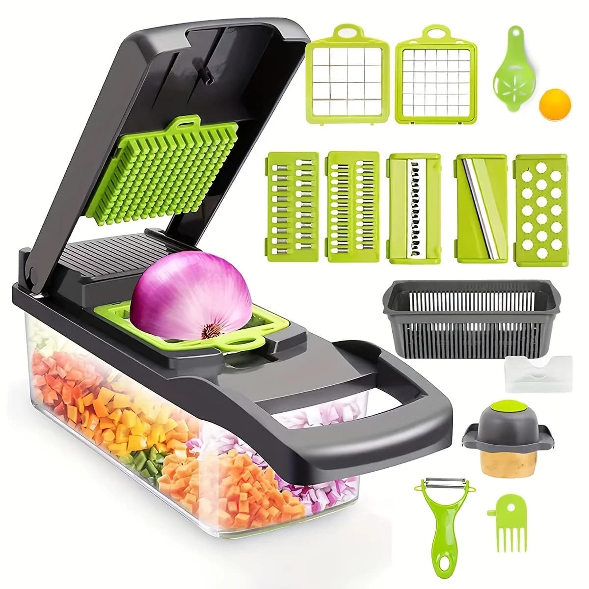 Tritatutto per verdure 16 in 1 - Affettatrice manuale per alimenti con contenitore e cestello di scarico per cipolla, carota e aglio