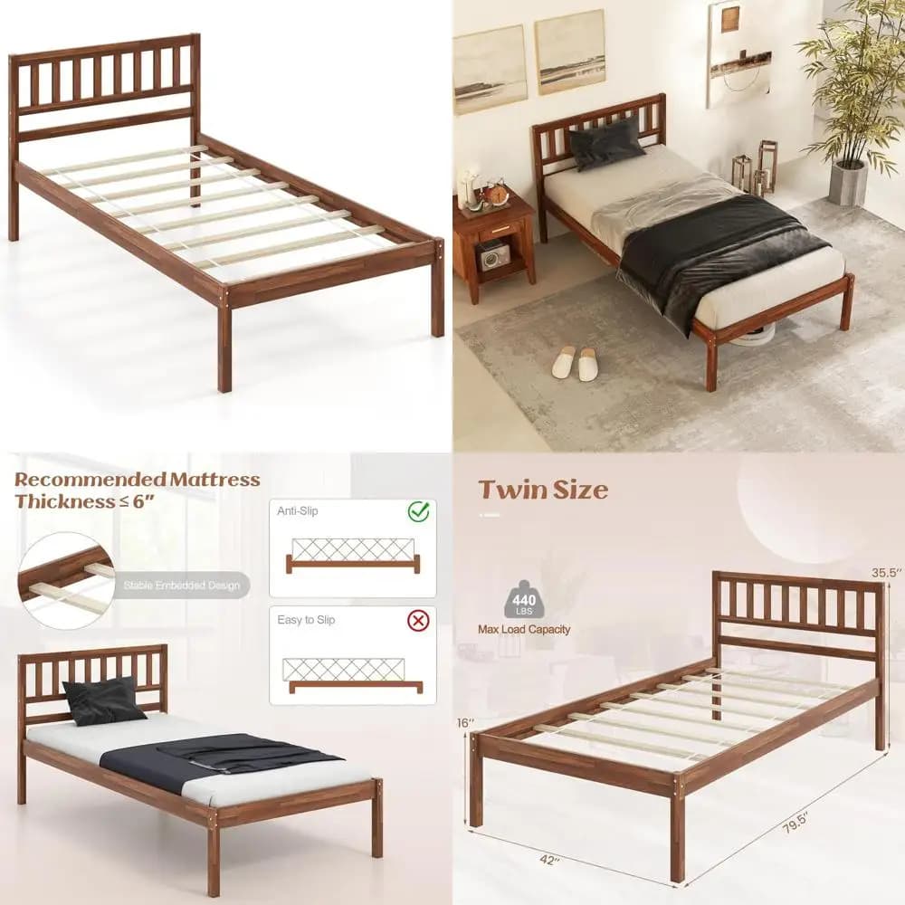 Mid-Century style wooden double bed frame with headboard, height 16 inch, slats and storage space 12 inch, mattress base