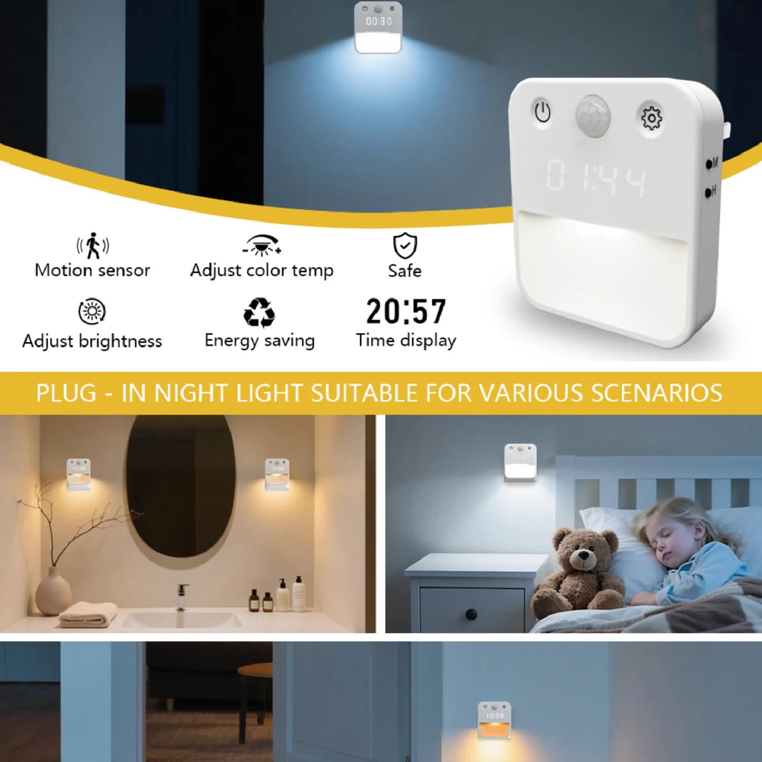 Smart LED Night Light Clock Modern Wall Lamp EU Plug Into Wall Warm White Dusk to Dawn Sensor for Bedroom Hallway