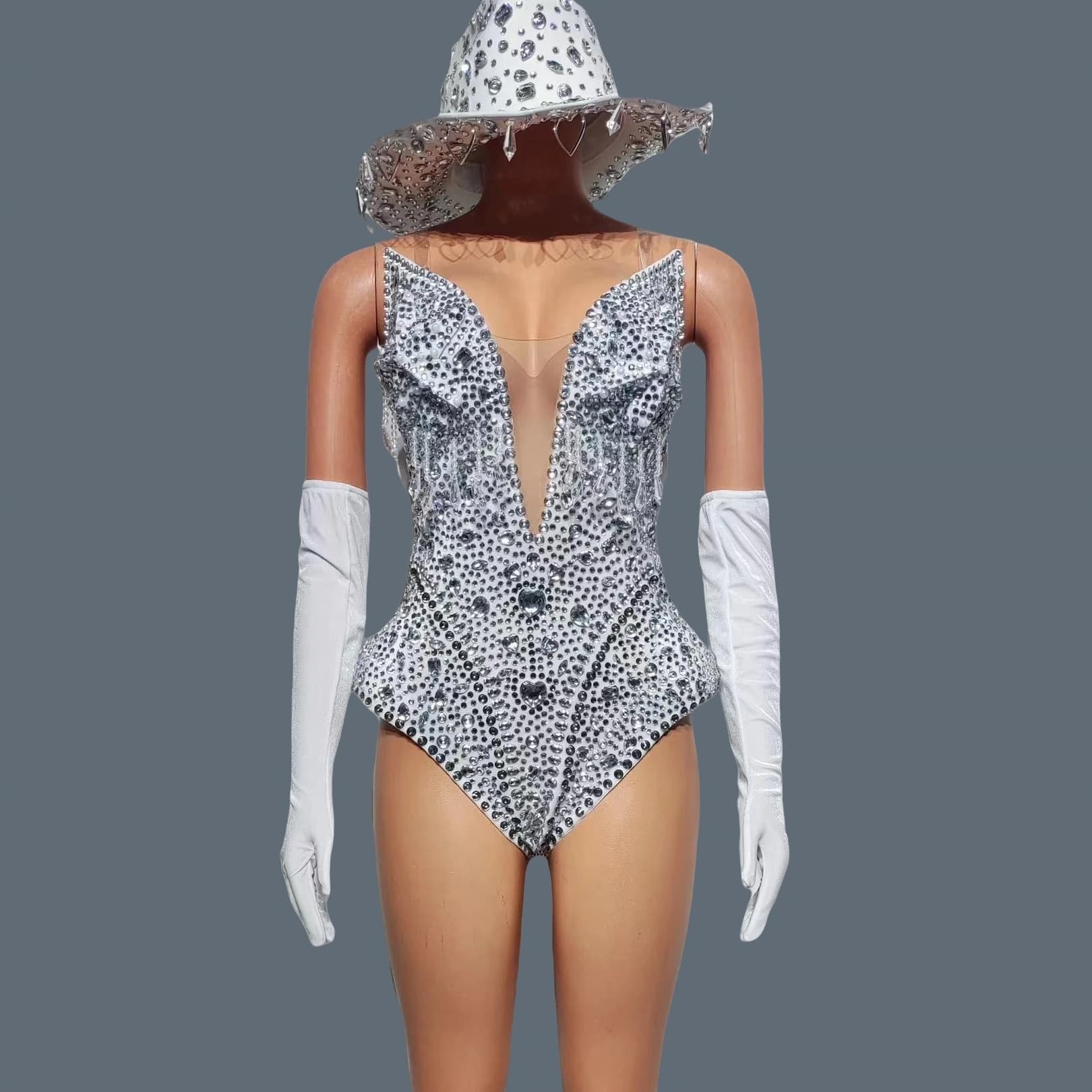 Sexy Women Cowboy Bodysuit Gloves Hat 3Pieces Set Carnival Party Night Out Bar DJ Dance Wear Drag Queen Performer Suit Qianwan