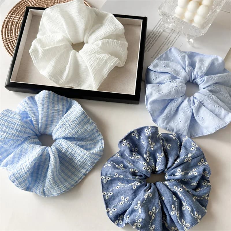 Korea Fashion Blue Big Scrunchie For Women Luxury Striped Print Hair Tie Girls Elastic Large Hair Rubber Bands Ponytail Holder