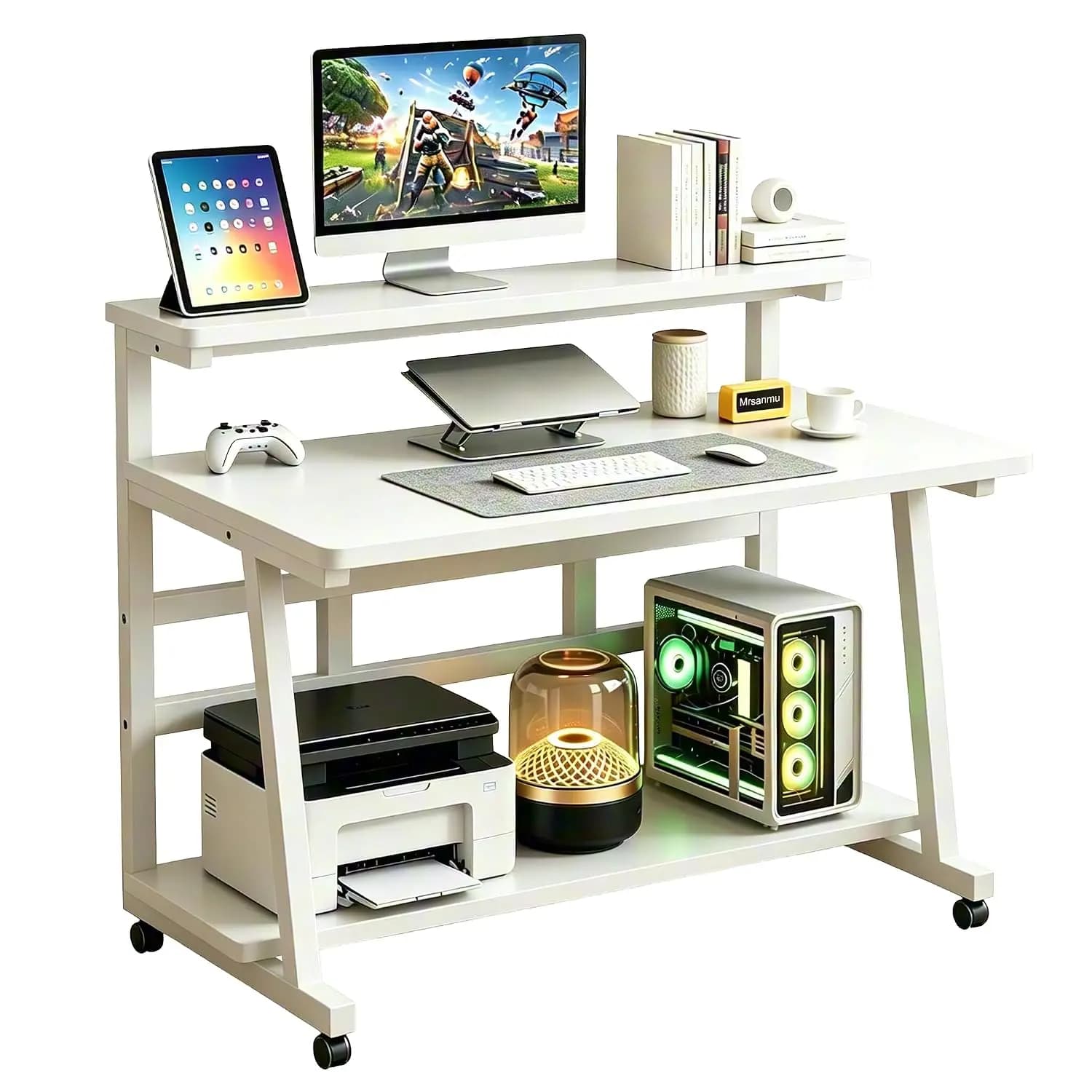 Rolling Computer Desk 31.5 Inch with Monitor Stand & 3-Tier Storage on Wheels for Home Office Bedroom, Customized